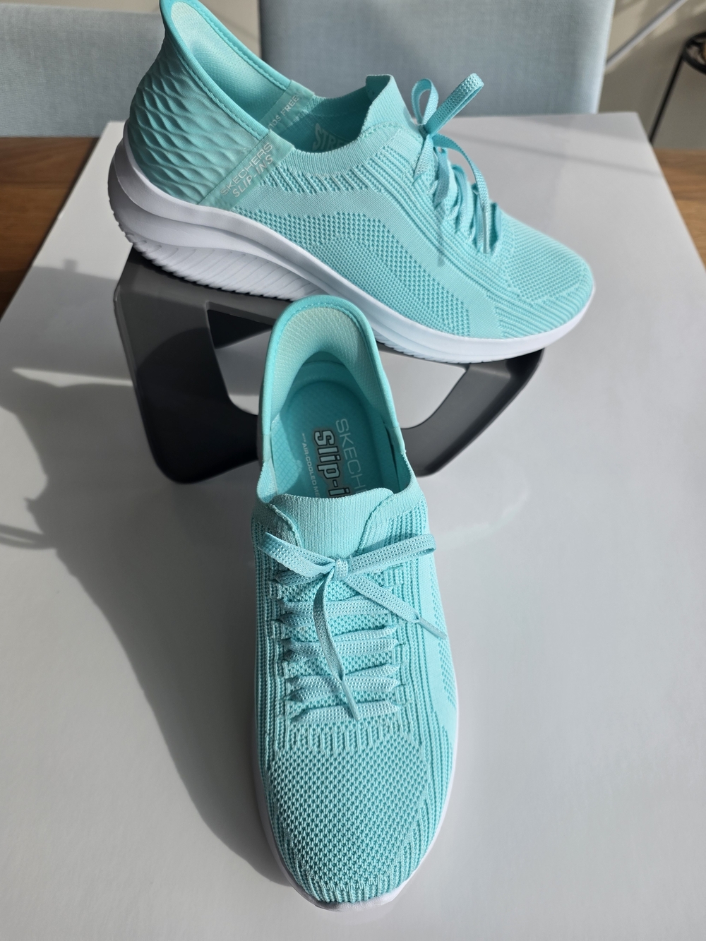 Skechers Slip-On Knit Sneakers in Aqua Blue